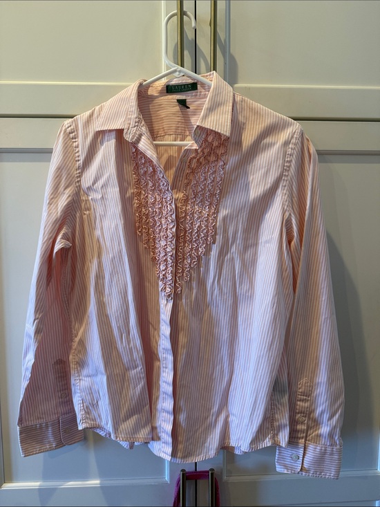 Ralph Lauren Tops - Ralph Lauren Pink and White Striped Ruffle-Front Blouse cotton XL